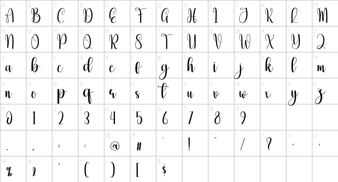 Rainsnow font Character Map