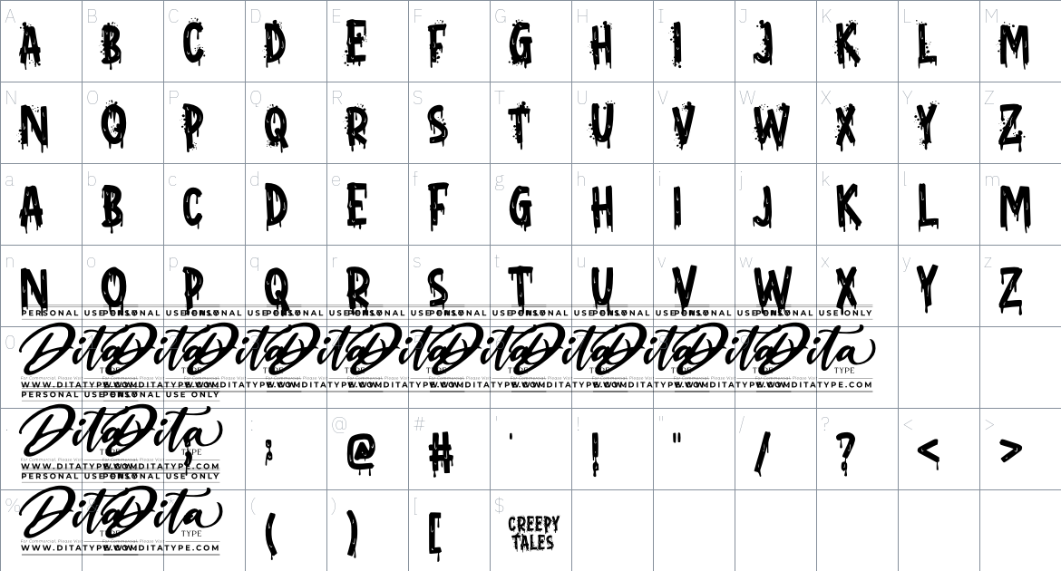 Creepy Tales Personal Use font Character Map