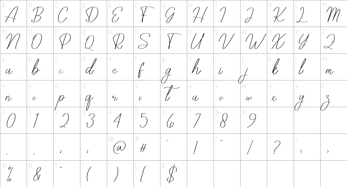 Amelia Signature font Character Map