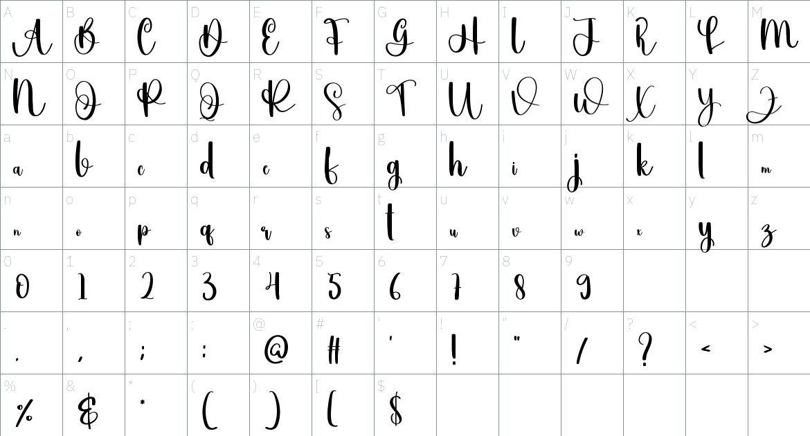 Vacattion font Character Map