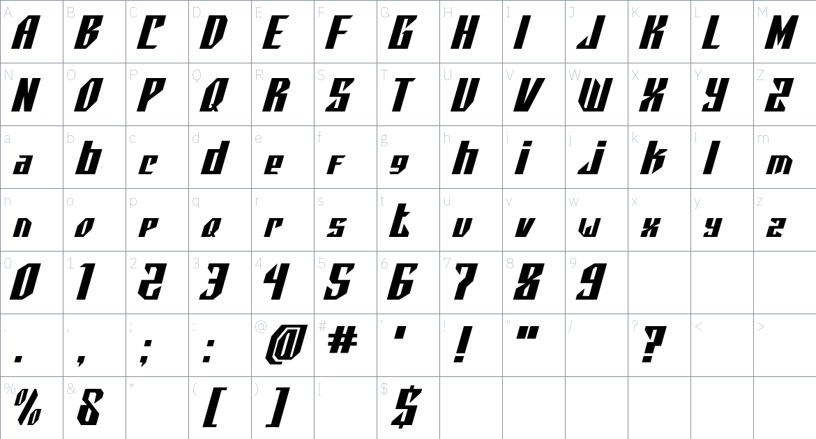 AEROSWIFT font Character Map