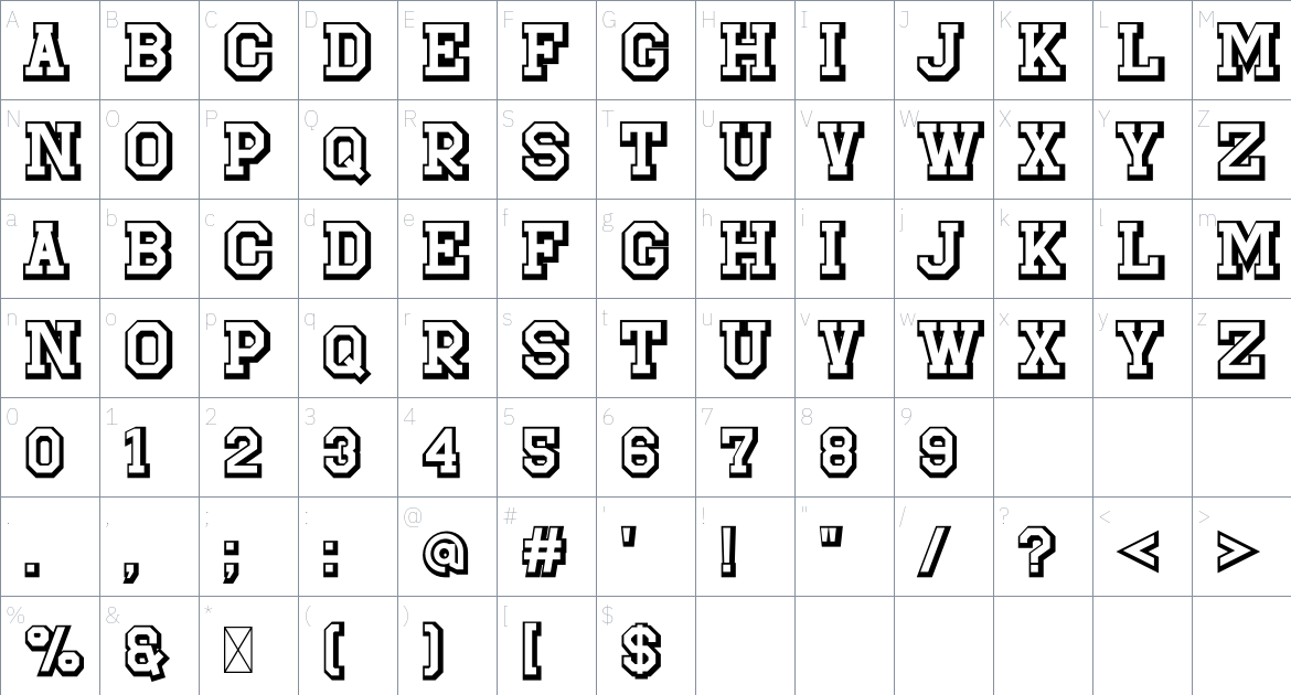 Sportfield Varsity Shadow font Character Map