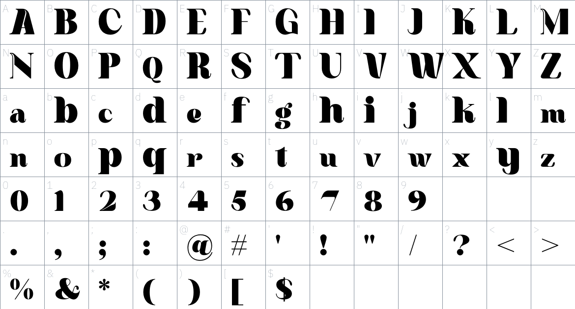 Senmoly Caligan font Character Map