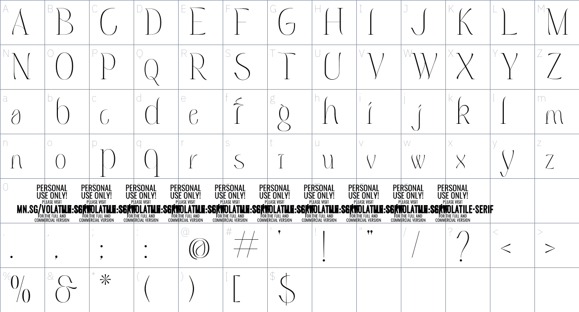 Volatile Serif PERSONAL USE font Character Map