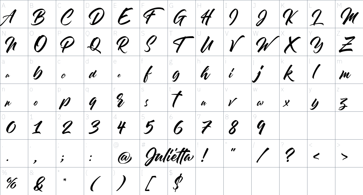 Julietta Script font Character Map