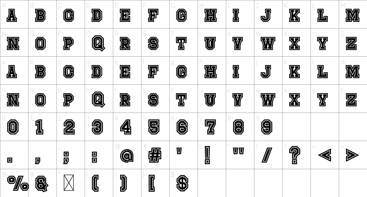 Sportfield Varsity Outline 3 font Character Map