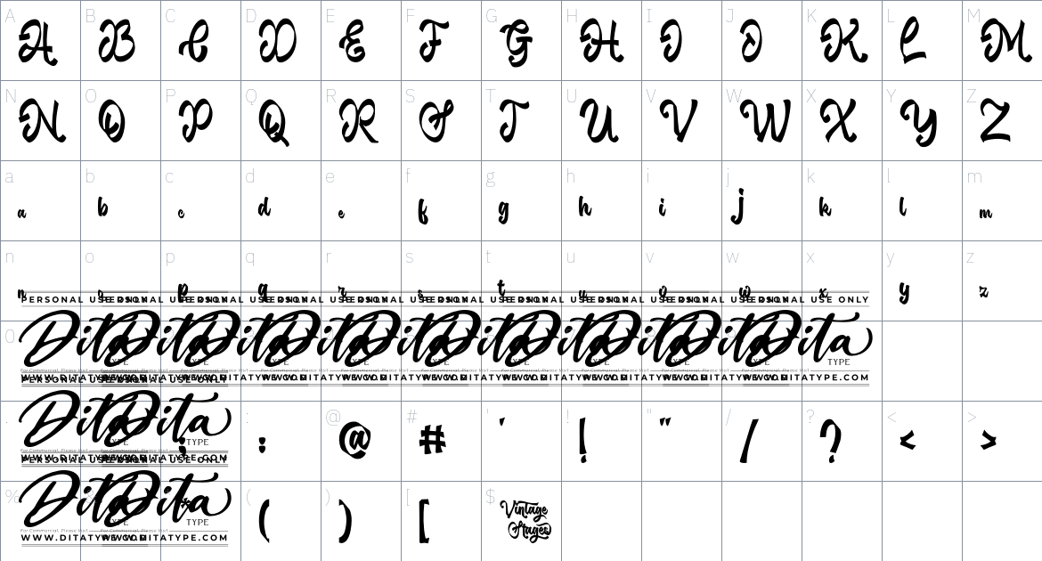 Vintage Stages Personal Use font Character Map