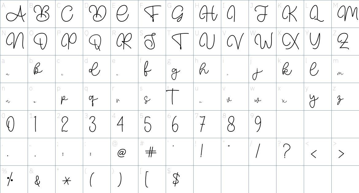 Heartline font Character Map