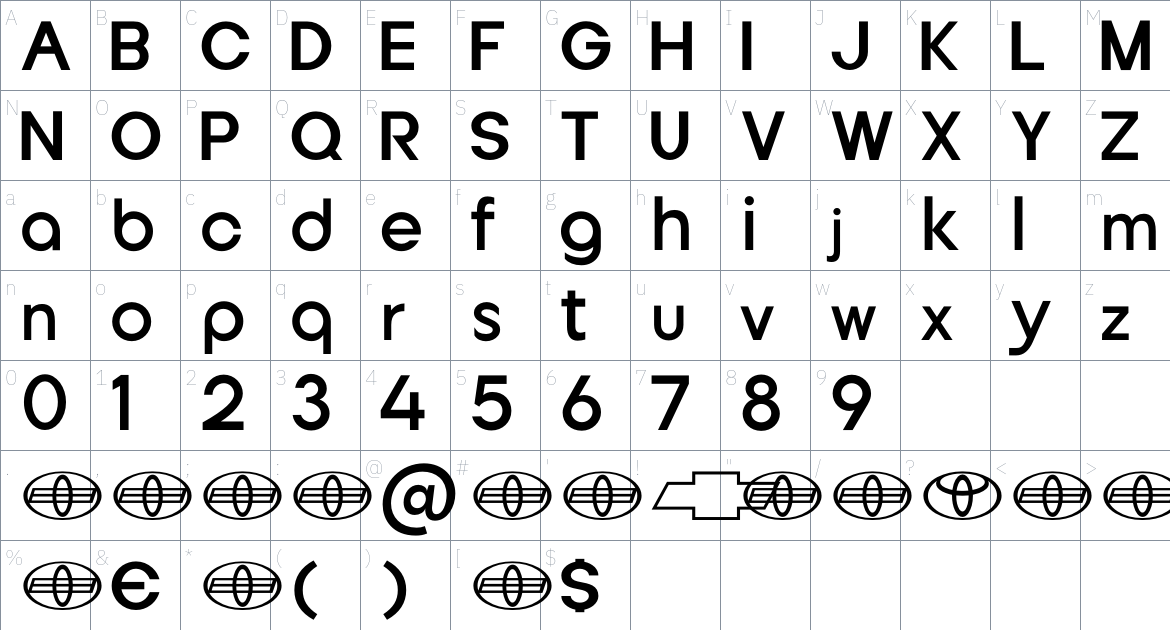 Toyota Chevrolet font Character Map