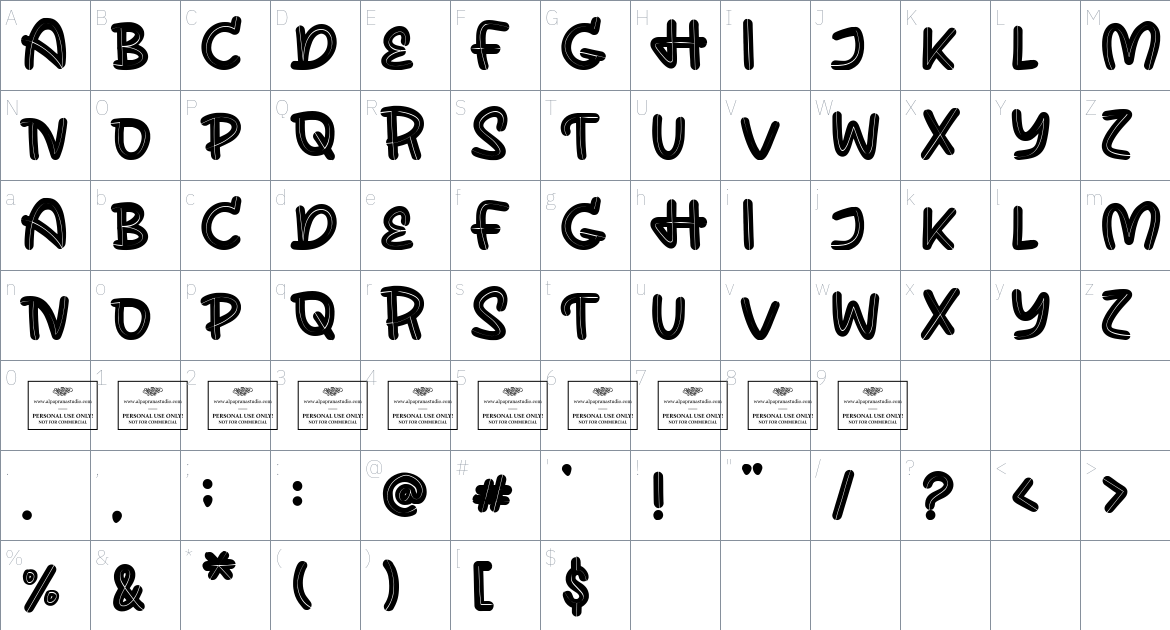 Comfy font Character Map