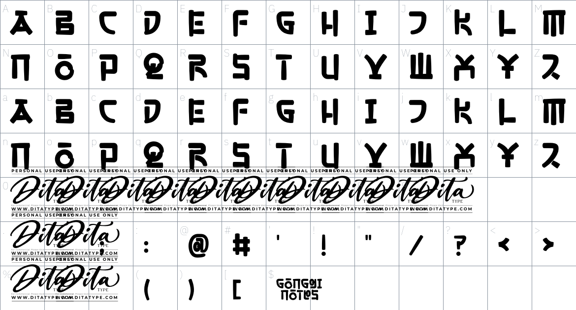 Gonggi Notes Personal Use font Character Map