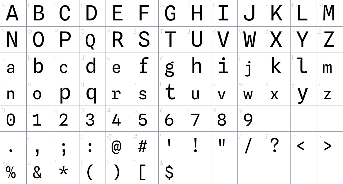 Spline Sans Mono font Character Map