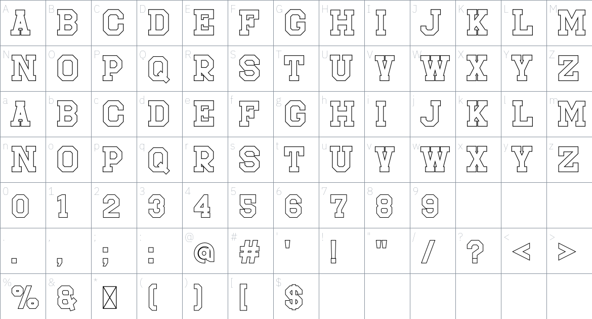 Sportfield Varsity Outline 1 font Character Map