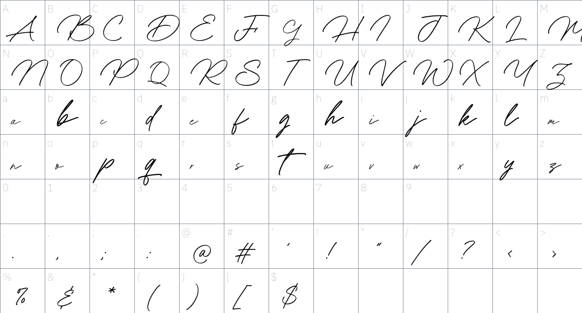 White Signature font Character Map