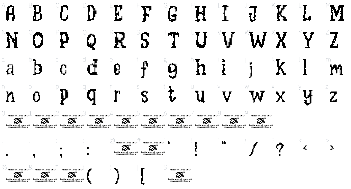 Digipixel font Character Map