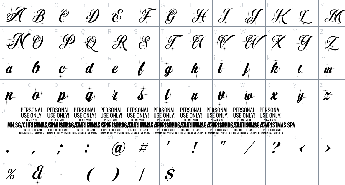 Christmas Sparkle Script font Character Map