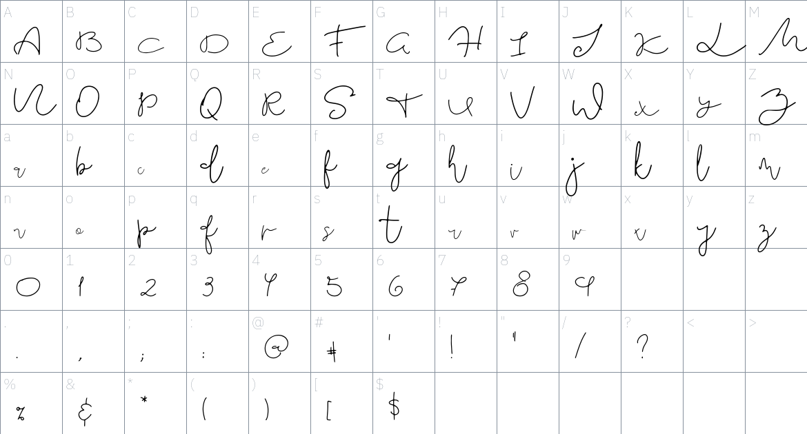 The Monse Script font Character Map