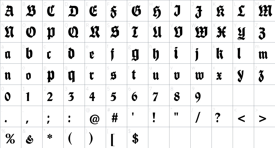 Schmalfette Thannhaeuser font Character Map