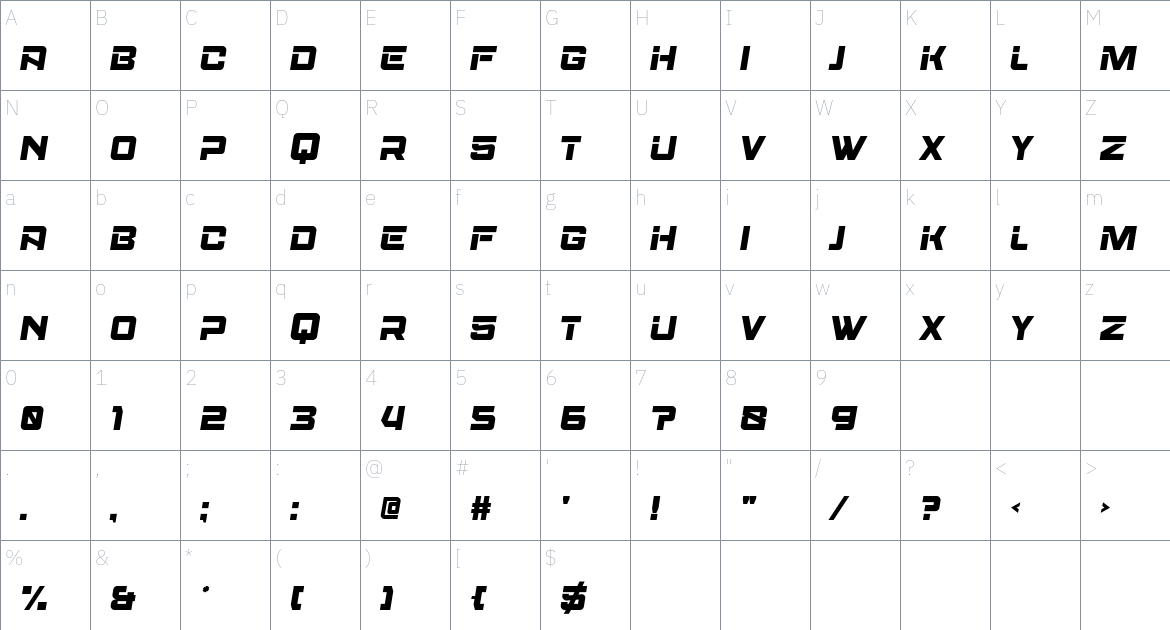 Aerobus font Character Map