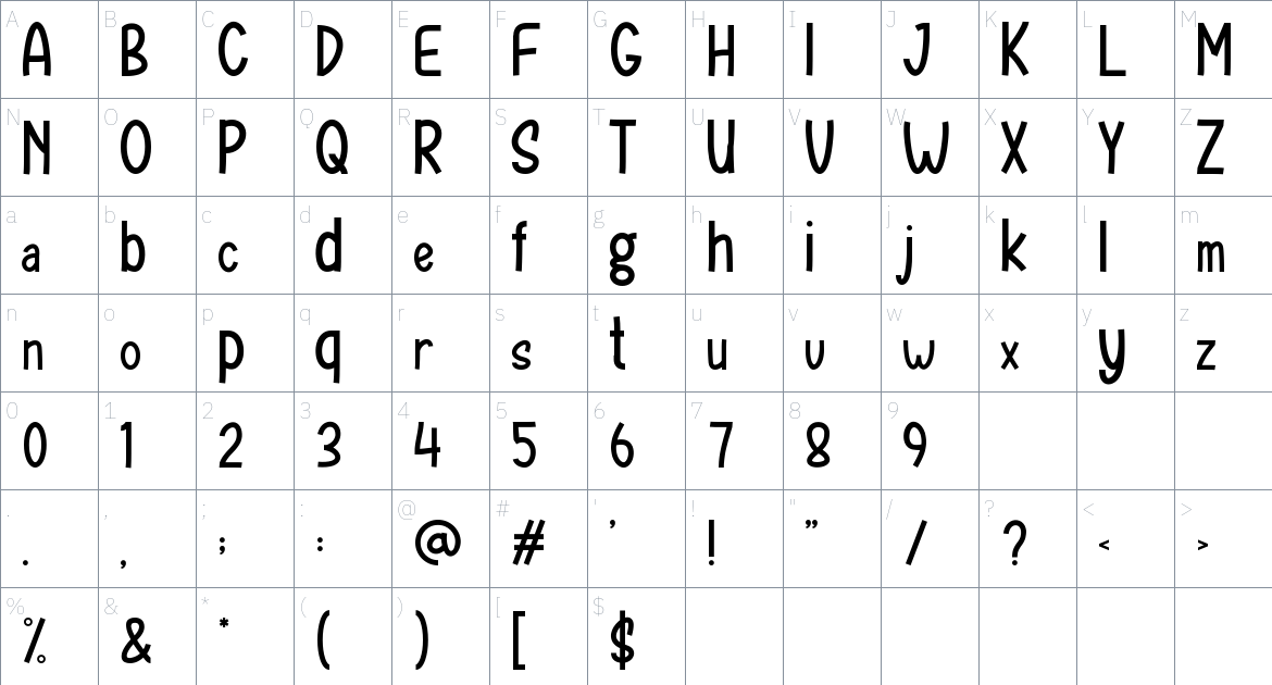 Sunday School font Character Map