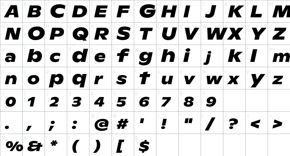 ABC Ginto Nord Unlicensed Trial font Character Map