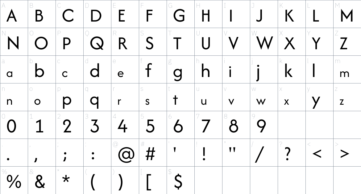 Afacad font Character Map