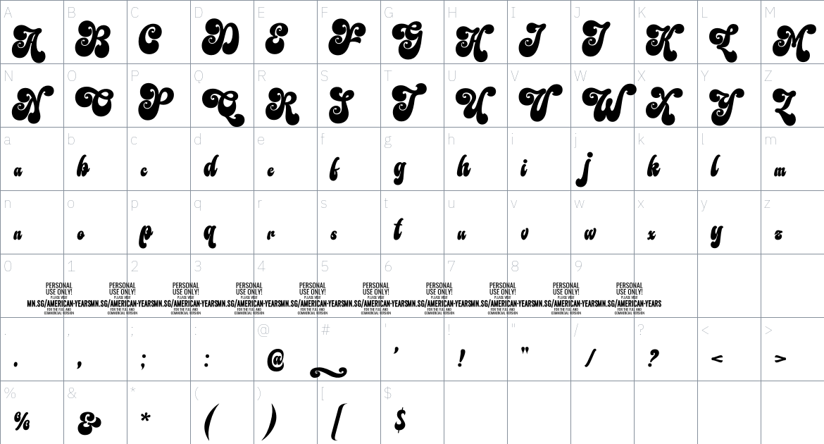 American Years PERSONAL USE font Character Map