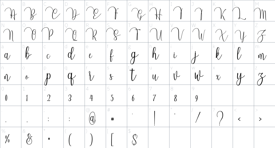 Almonds Script font Character Map