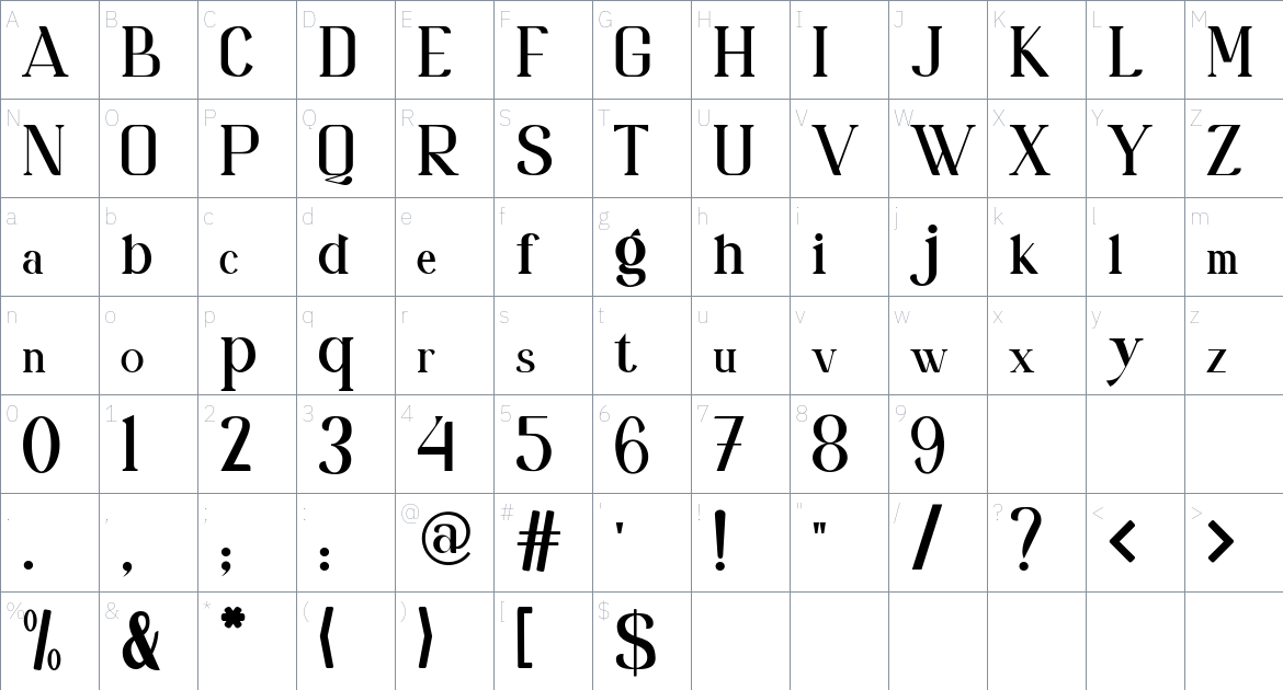 Veldapino font Character Map