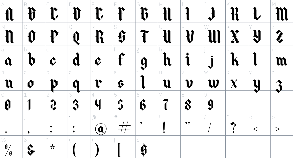 Blacking font Character Map