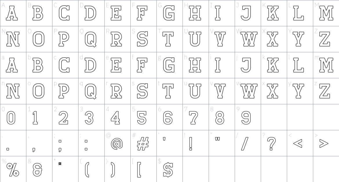 Retro Grade Outline font Character Map