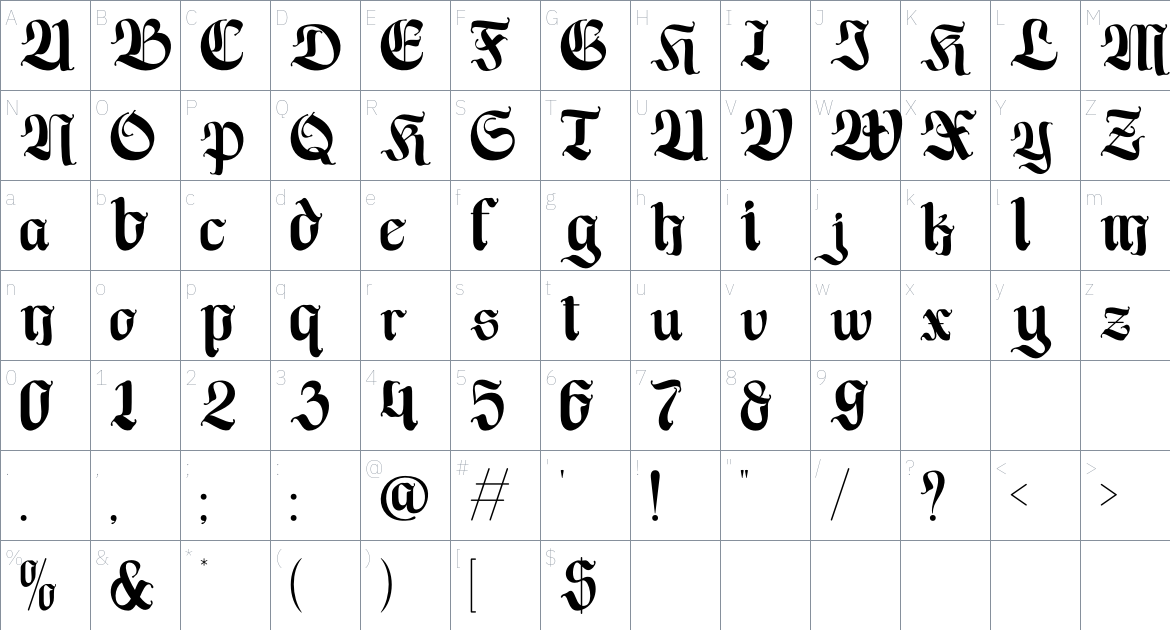 Regano font Character Map