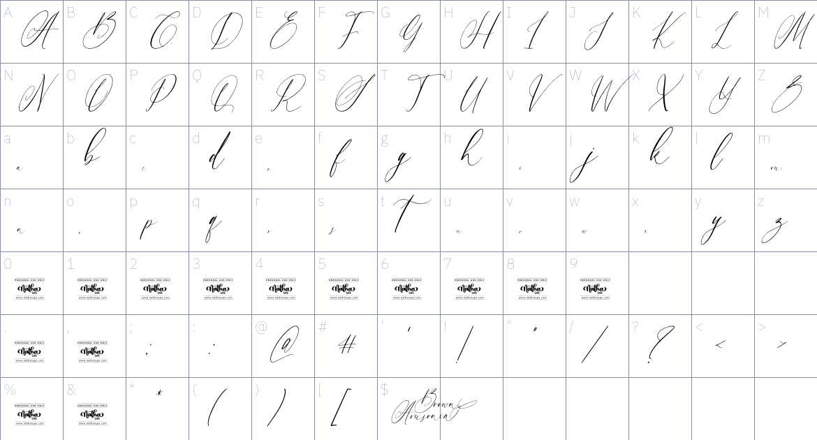 Brown Amsonia font Character Map