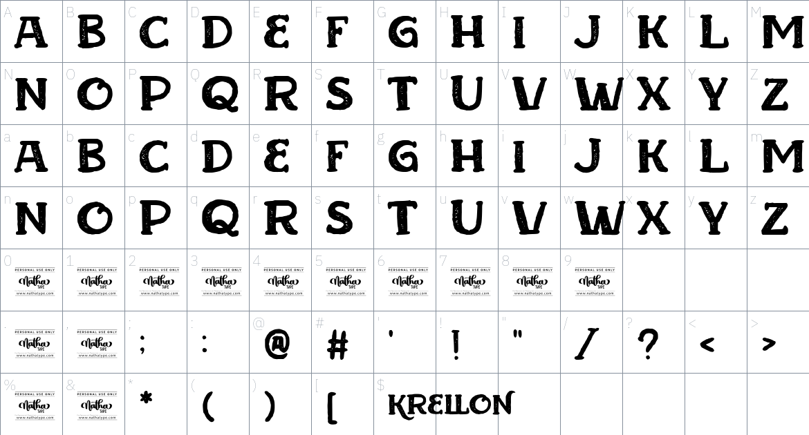 Krellon Personal Use font Character Map