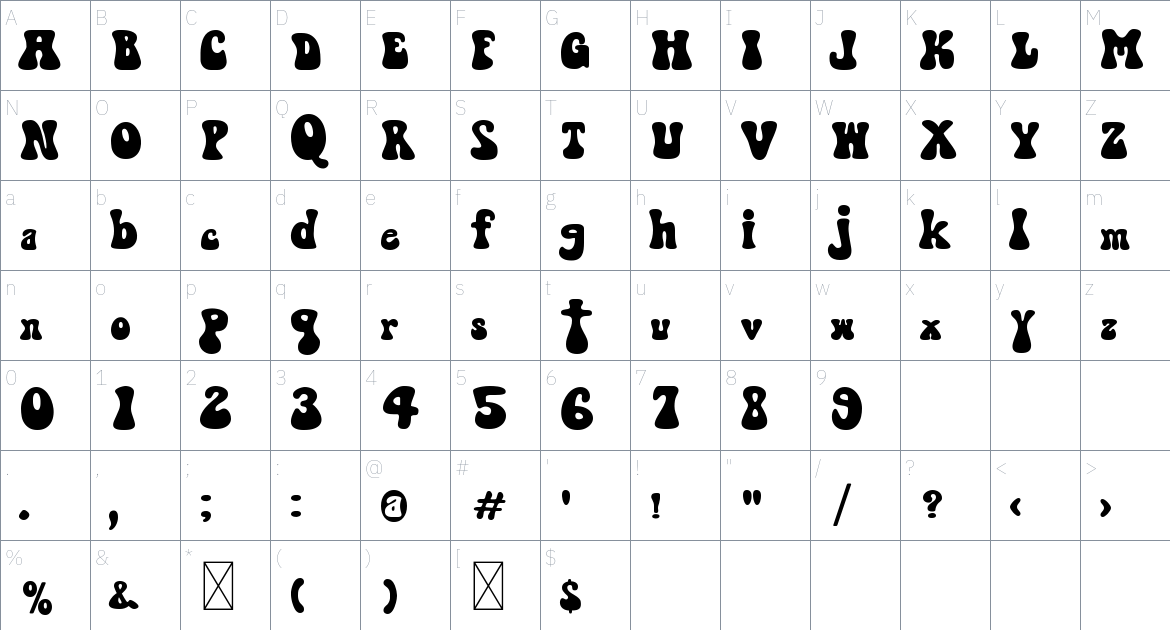 The Sooky 70s font Character Map