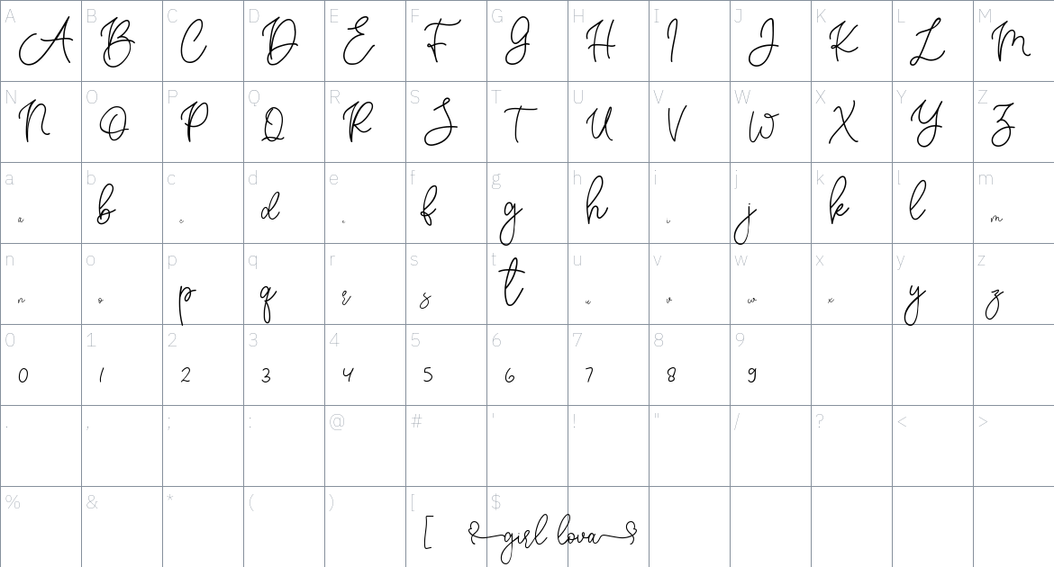 Girl lova font Character Map