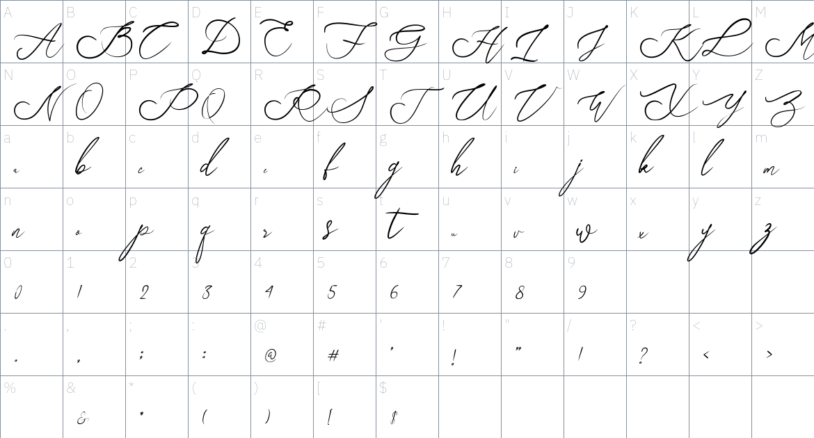 Just Sunday Script font Character Map