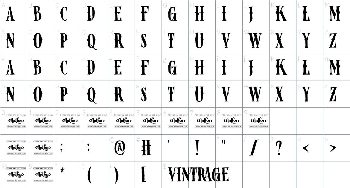 Vintrage Personal Use font Character Map