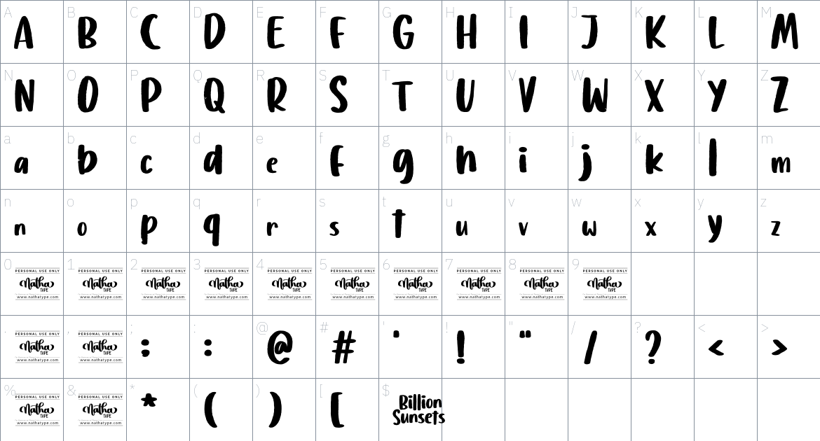 Billion Sunset font Character Map