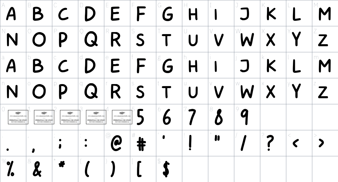 Avocade font Character Map