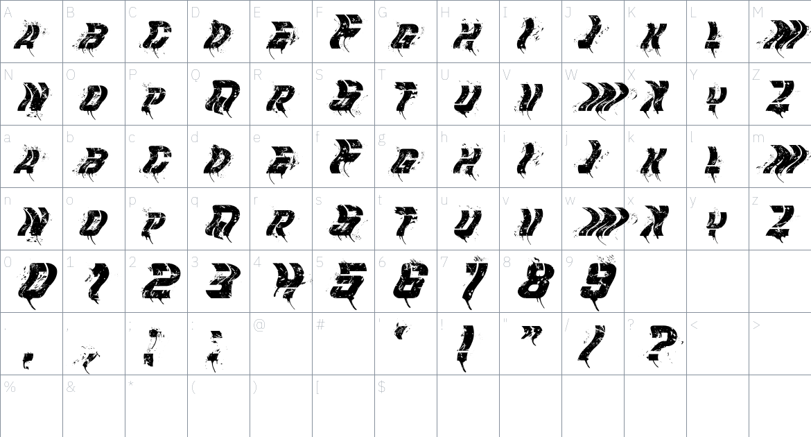 Attack font Character Map