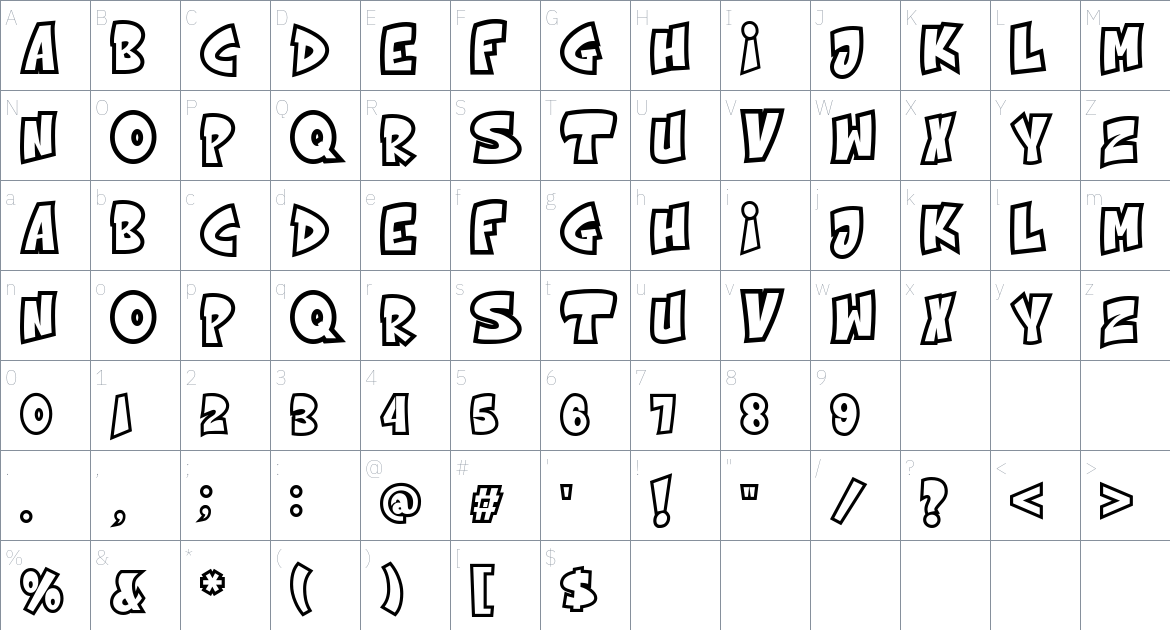 The bolder shadow font Character Map