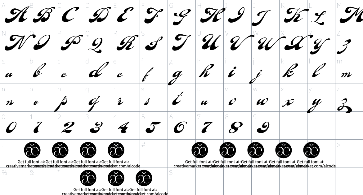 Fantera Script font Character Map