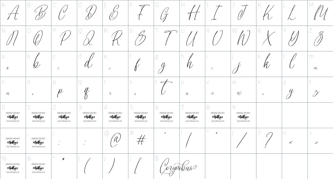 Corymbus Personal Use font Character Map