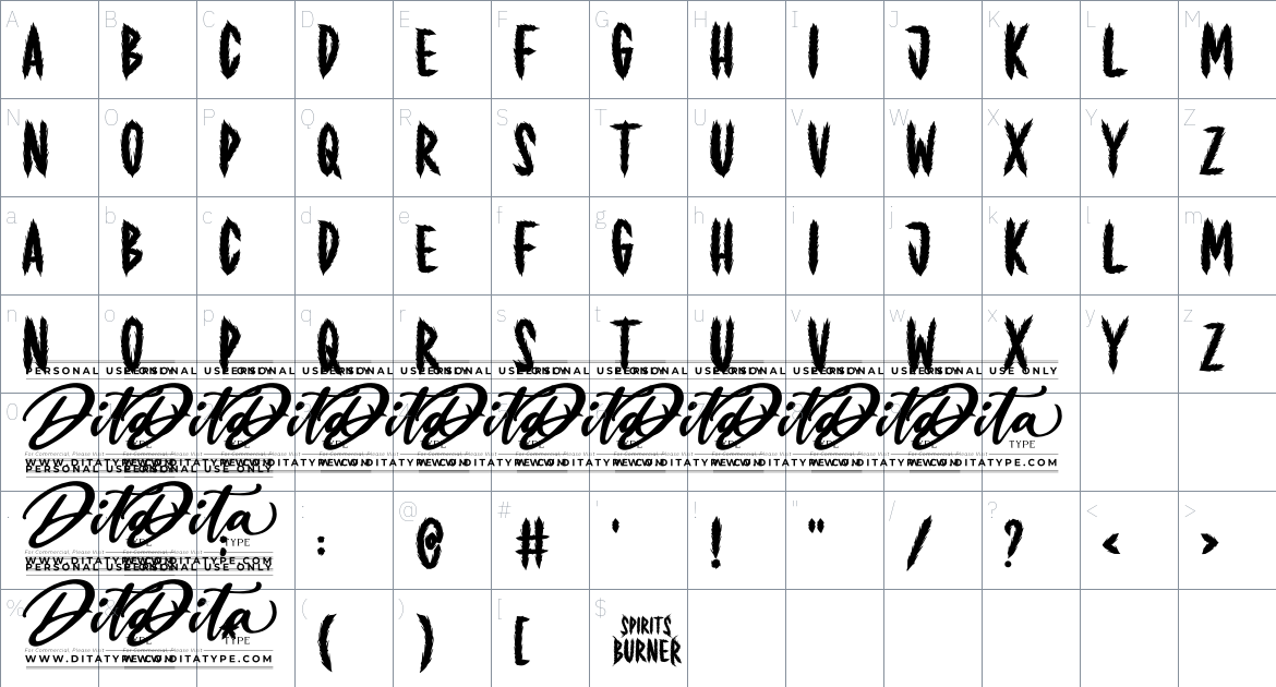 Spirit Burner font Character Map