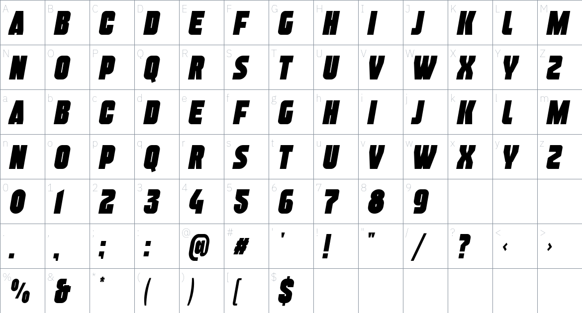 Artch font Character Map