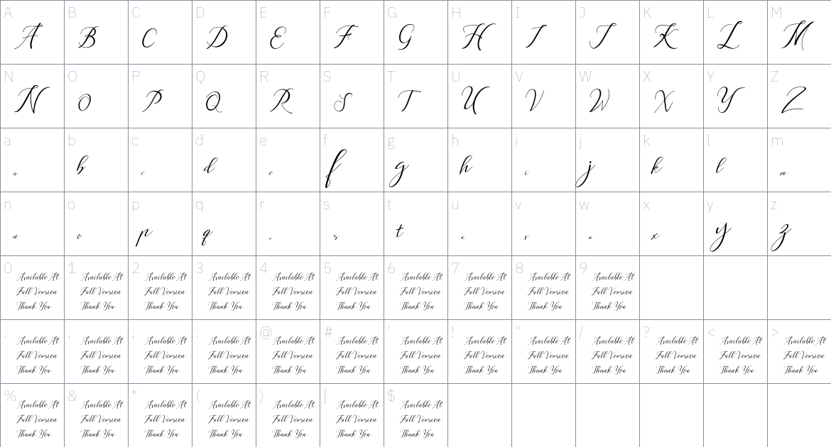 Anchou Script font Character Map