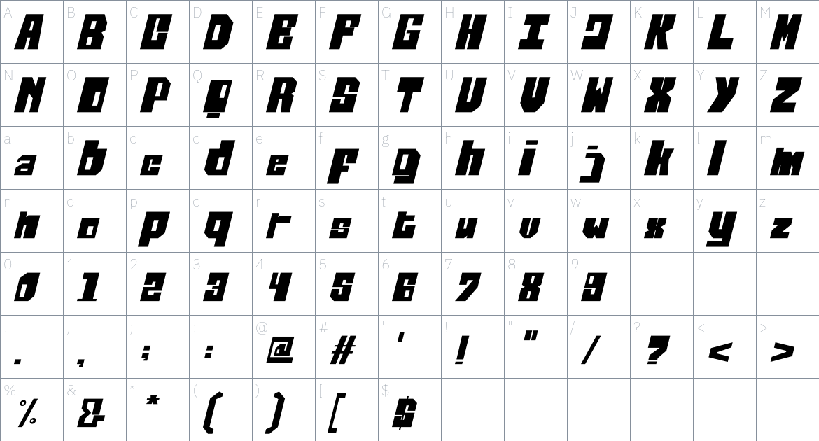 Thifloss Italic font Character Map