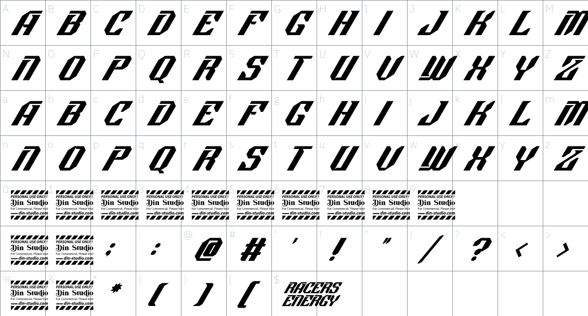 Racers Energy font Character Map