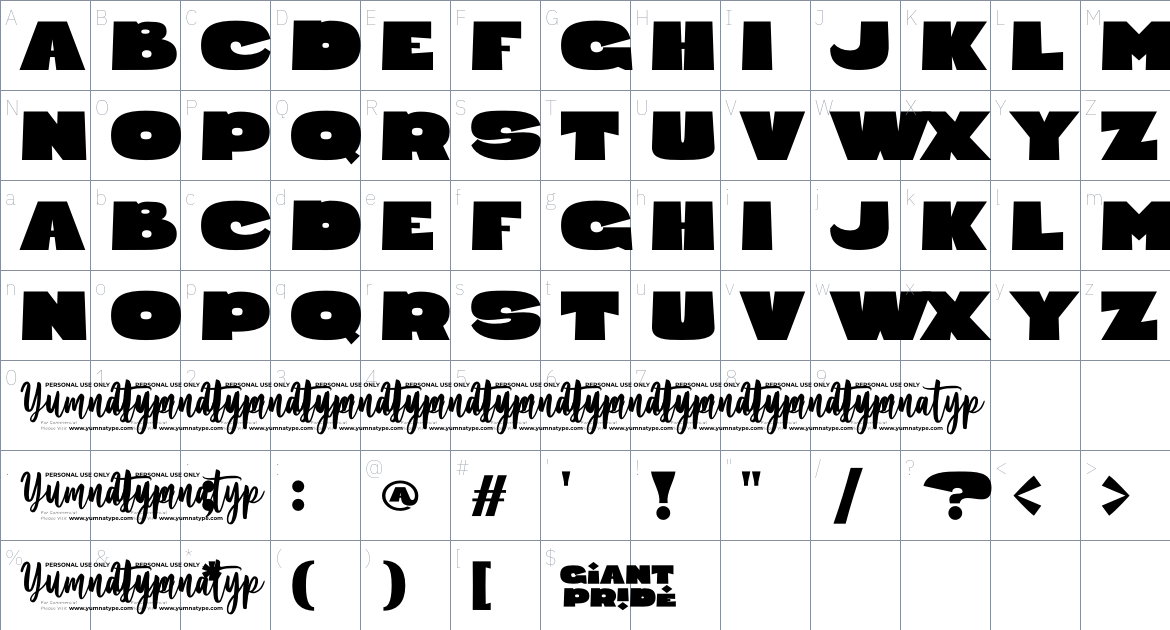 Giant Pride font Character Map